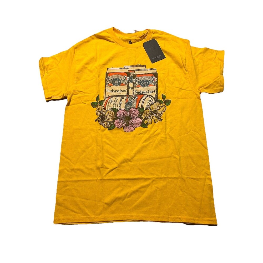 Junk Food Clothing Budweiser Beer Can Floral T-Shirt Small Yellow NWT Flaw